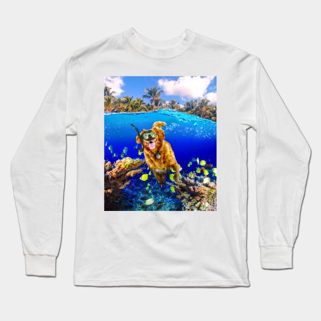 Dog Swimming In Ocean At Beach Long Sleeve T-Shirt by Random Galaxy